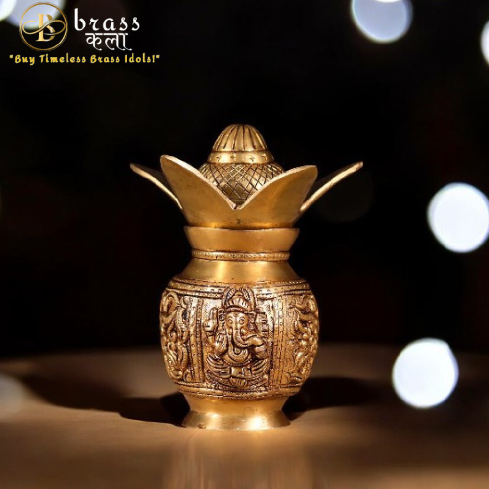 Brass kalash With Laxmi And Ganesh Carving